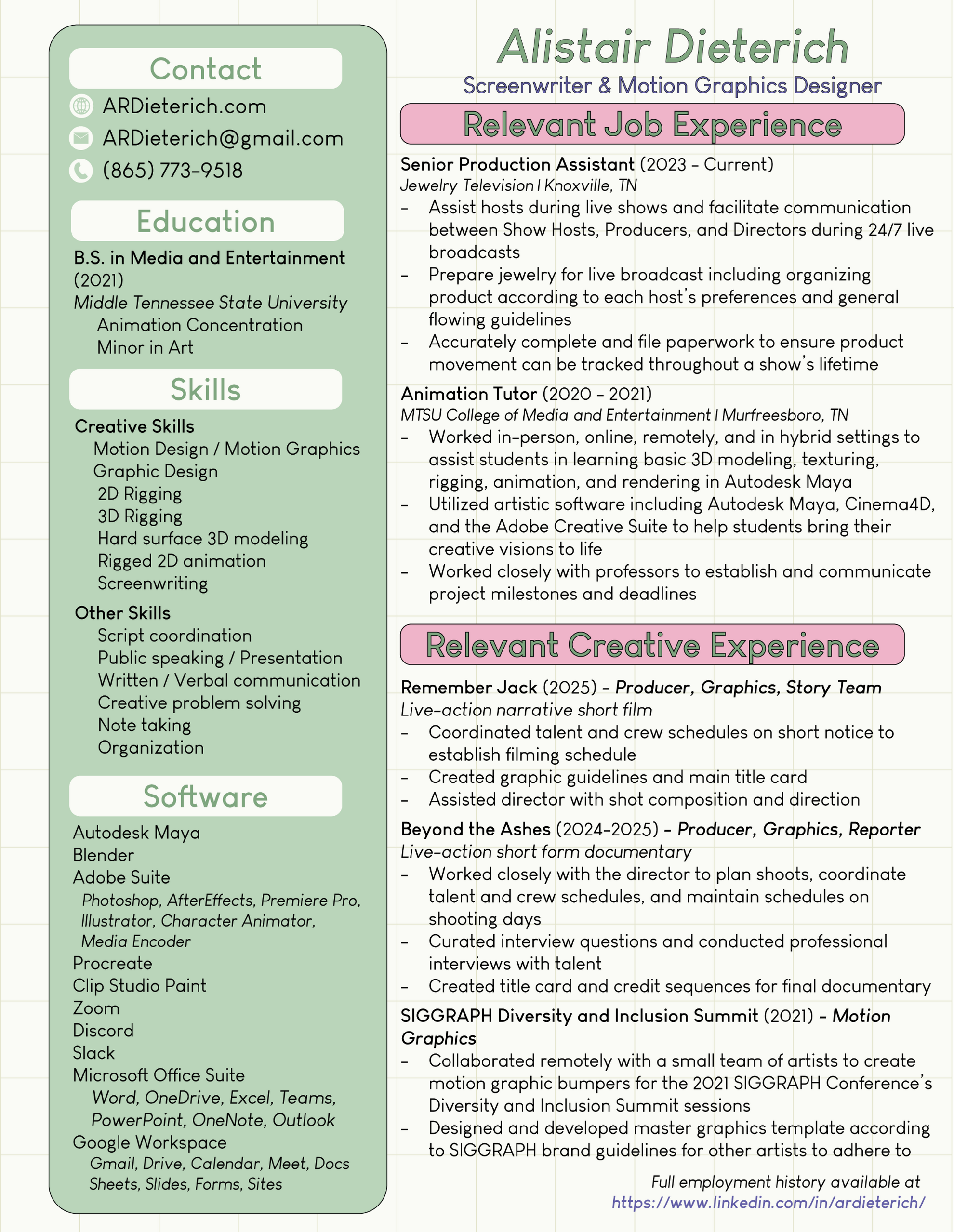 Alistair Dieterich's Creative Resume