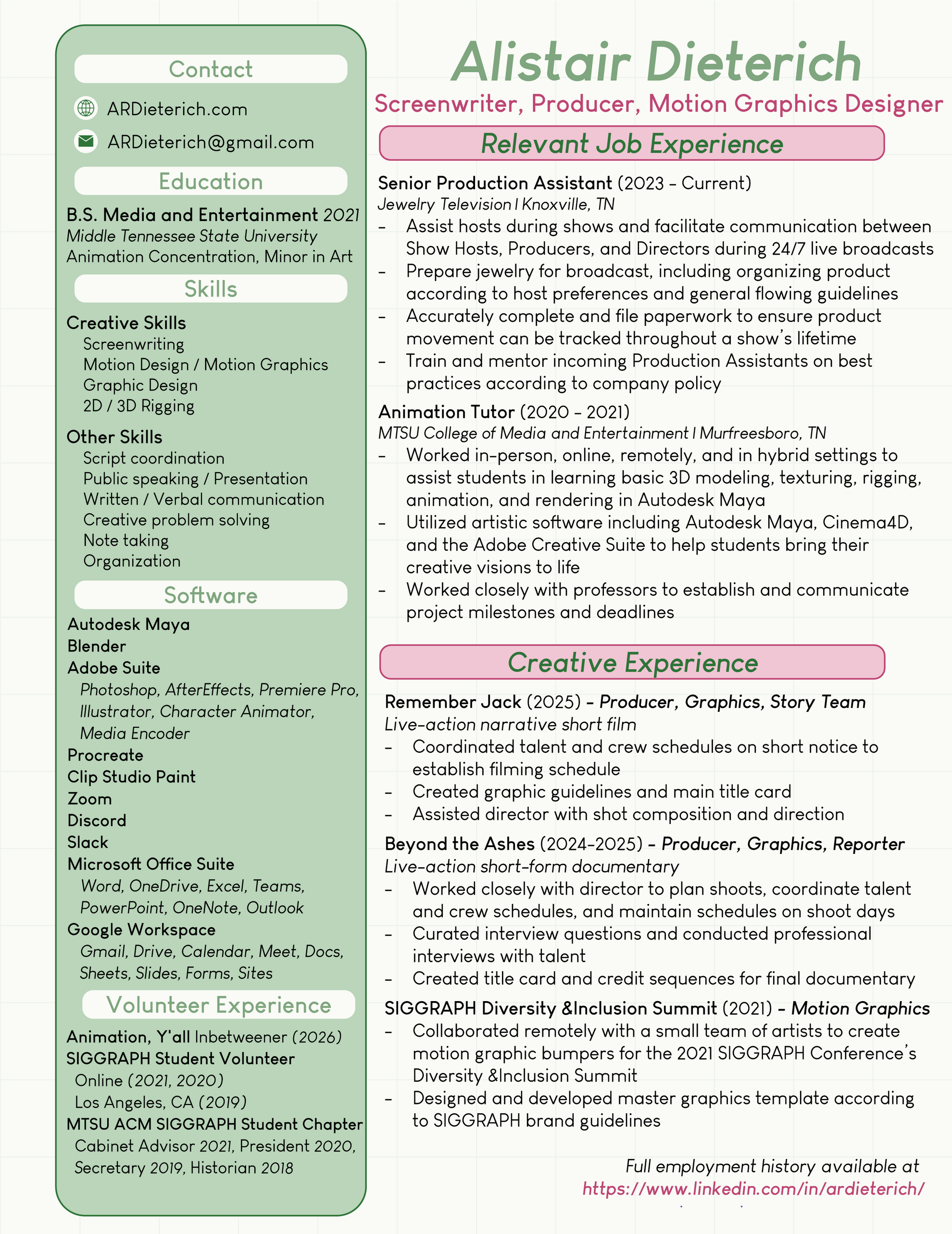 Alistair Dieterich's Creative Resume